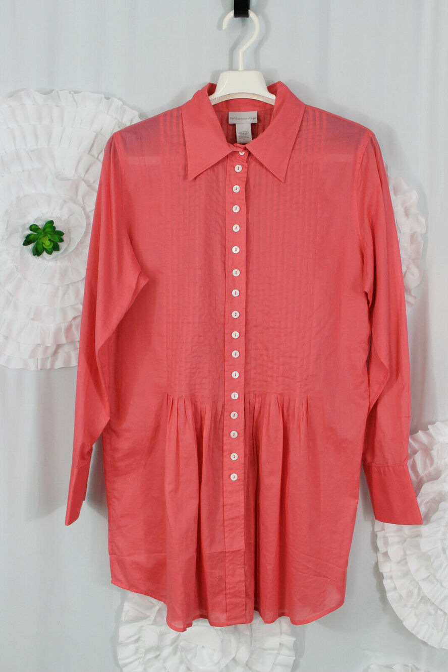 Soft Surroundings Size Medium Pintucked Tunic Top Blouse Pink Coral Long Sleeves